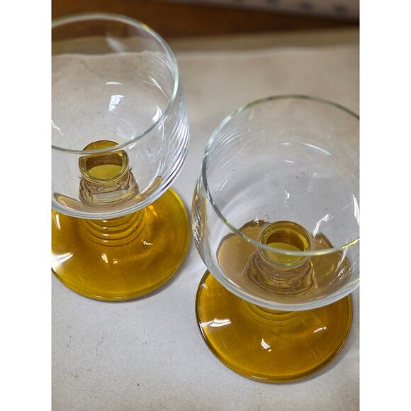 Two Roemer Cordial Glasses Amber Beehive Stems with Clear Bowls; 4.25" Tall - Picture 2 of 4